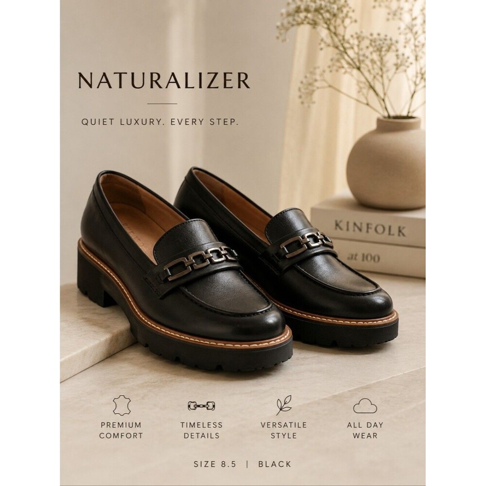 Naturalizer 8.5 Black Lug Sole Loafers Quiet Luxury Chain Platform Shoes